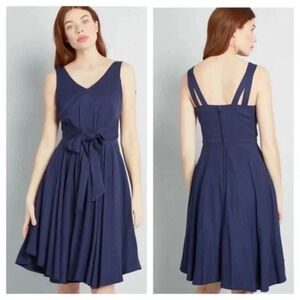 ModCloth navy blue Brilliant Motivation sleeveless tie front dress